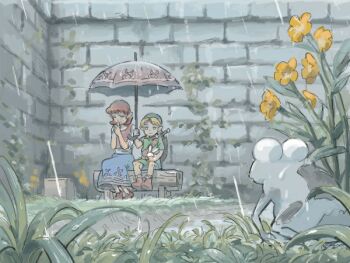 Rule 34 | bench, bent over, from below, grass, holding, holding umbrella, link, nintendo, oekaki, rain, stone wall, the legend of zelda, umbrella, wooden bench, worried, young link