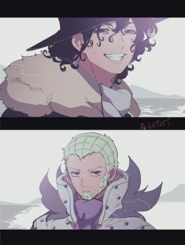 2boys black_hair black_hat curly_hair facial_hair frown fur_trim goatee green_hair grin hair_between_eyes half-closed_eyes hat highres jojo_no_kimyou_na_bouken katori_(katokichi) light_blush looking_at_viewer magenta_magenta male_focus medium_hair multiple_boys mustache portrait purple_eyes shore short_hair smile split_screen steel_ball_run very_short_hair wekapipo