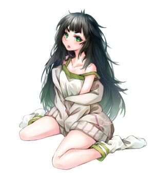1girl :o annoyed black_hair blunt_bangs clothes_pull collar collarbone dress flat_chest green_collar green_dress green_eyes green_trim grey_dress grey_jacket hashtag-only_commentary hiyajou_maho jacket jacket_over_dress jacket_pull long_hair long_sleeves looking_at_viewer loose_socks messy_hair no_shoes off_shoulder science_adventure shirt sitting socks solo steins;gate steins;gate_0 thick_eyebrows thighs very_long_hair wariza yakku