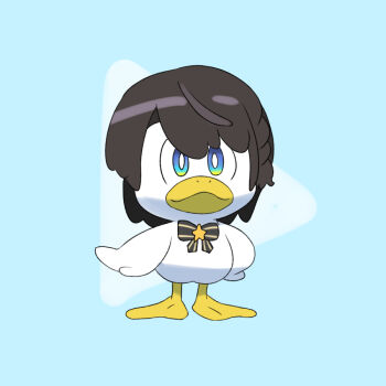 Rule 34 | 1girl, ahjer, animalization, aqua background, beak, black hair, blue eyes, bow, bowtie, braid, closed mouth, commentary, english commentary, full body, fusion, hololive, logo, medium hair, nintendo, oozora subaru, pokemon, pokemon (creature), quaxly, simple background, single braid, solo, standing, striped bow, striped bowtie, striped clothes, trait connection, virtual youtuber, webbed feet, wings