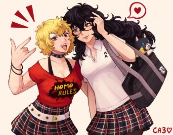 2girls \n/ amamiya_ren bag black-framed_eyewear black_hair blonde_hair breasts brown_eyes collar crazyanime3 genderswap genderswap_(mtf) glasses highres long_hair medium_breasts morgana_(cat)_(persona_5) morgana_(persona_5) multiple_girls open_mouth pantyhose persona persona_5 plaid_clothes plaid_skirt pleated_skirt red_shirt sakamoto_ryuuji school_bag school_uniform shirt shuujin_academy_school_uniform skirt smile spiked_collar spikes standing white_shirt