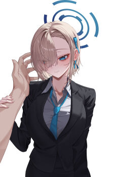 Rule 34 | 1boy, 1girl, absurdres, aged up, asuna (blue archive), black jacket, blonde hair, blue archive, blue halo, blue necktie, blush, breasts, collarbone, eyes visible through hair, grabbing another's arm, hair over one eye, halo, highres, jacket, large breasts, looking down, macabro, necktie, shirt, short hair, white shirt