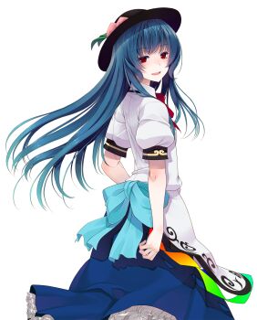 Rule 34 | 1girl, back bow, black hat, blue bow, blue hair, blue skirt, bow, bowtie, collared shirt, commentary request, cowboy shot, crote, frilled skirt, frills, from side, hat, highres, hinanawi tenshi, large variant set, long hair, looking at viewer, looking back, parted lips, peach hat ornament, petticoat, puffy short sleeves, puffy sleeves, red bow, red bowtie, red eyes, shirt, short sleeves, skirt, smile, solo, standing, tachi-e, teeth, touhou, transparent background, turning head, upper teeth only, variant set