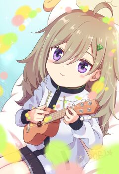 1girl ahoge closed_mouth coat dot_nose feet_out_of_frame female_focus hair_between_eyes hair_ornament hairclip hibi_wa_sugiredo_meshi_umashi higa_tsutsuji highres holding holding_instrument instrument lolo12_skm long_hair long_sleeves looking_at_viewer purple_eyes sitting smile solo ukulele