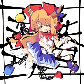 Rule 34 | belt, black belt, blue skirt, brown horns, commentary request, crossed legs, fang, gourd, highres, horns, ibuki suika, long hair, orange eyes, orange hair, pointy ears, red ribbon, ribbon, saliva, shirt, skin fang, skirt, socks, suikabe (user113791398), touhou, white background, white shirt, white socks