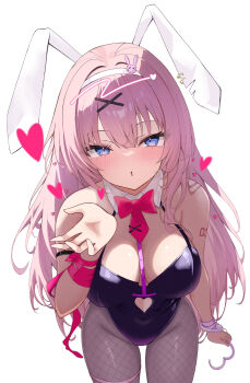 1girl :o adapted_costume animal_ears arm_strap bare_shoulders black_leotard blowing_kiss blue_eyes blush bow bowtie breasts breasts_apart chest_harness collar commentary_request covered_groin cowboy_shot cuffs detached_collar eikawa_suru fake_animal_ears fishnet_pantyhose fishnets hair_between_eyes hair_ornament hairband hairclip hand_up handcuffs harness heart heart-shaped_pupils highleg highleg_leotard highres large_breasts leaning_forward leotard long_hair long_sidelocks looking_at_viewer megurine_luka necktie pantyhose parted_lips pink_hair pink_ribbon playboy_bunny purple_pantyhose rabbit_ears rabbit_hair_ornament rabbit_hole_(vocaloid) red_bow red_bowtie ribbon short_necktie shoulder_tattoo sidelocks simple_background solo spaghetti_strap symbol-shaped_pupils tattoo thigh_strap very_long_hair white_background white_collar white_hairband wrist_ribbon