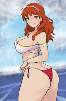 1girl absurdres ass back bare_arms bare_back bare_shoulders beach bikini body_freckles breasts celica_(fire_emblem) choker cleavage collarbone curvy female_focus fire_emblem fire_emblem_echoes:_shadows_of_valentia flower freckles freckles_on_breasts freckles_on_face from_behind grin hair_flower hair_ornament hairband highres huge_ass in2naps large_breasts long_hair looking_at_viewer looking_back nintendo ocean orange_eyes orange_hair outdoors red_bikini red_swimsuit shoulder_freckles smile solo summer swimsuit tagme thick_thighs thighs waves white_bikini white_swimsuit wide_hips