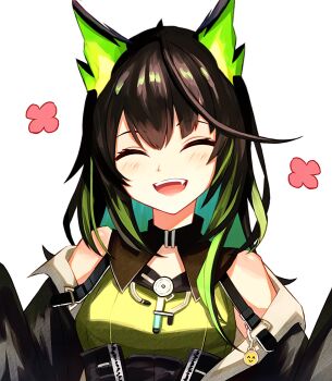 1girl :d ^_^ ahoge aqua_hair arknights bare_shoulders black_hair blush brown_hair closed_eyes colored_inner_hair commentary emoji facing_viewer fang flower_symbol green_hair highres huge_ahoge medium_hair mon3tr_(arknights) multicolored_hair off_shoulder open_mouth simple_background smile solo teeth upper_body upper_teeth_only white_background yoi_(a27963244)