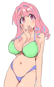 1girl :o absurdres arm_between_breasts bare_arms bare_shoulders between_breasts blue_hair blue_panties blush bra breasts collarbone cowboy_shot fingernails green_bra hair_down hand_on_own_chin highres hozuki_kaede large_breasts long_fingernails long_hair multicolored_hair navel onii-chan_wa_oshimai! open_mouth panties pink_eyes pink_hair pink_nails simple_background solo stomach two-tone_hair underwear underwear_only white_background yana_(muuimiingan)