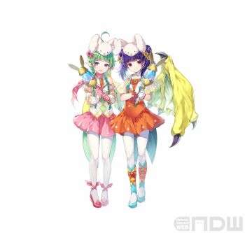 Rule 34 | 2girls, absurdres, alternate costume, animal ears, animal hat, ankle lace-up, blue footwear, blue legwear, blunt bangs, bow, bow legwear, braid, capelet, carrot necklace, coattails, collarbone, cross-laced clothes, cross-laced legwear, dragon girl, dragon wings, dragonstone, dress, fake animal ears, fire emblem, fire emblem: the sacred stones, fire emblem awakening, fire emblem heroes, flat chest, floral print, flower, gloves, green hair, green wings, hair flower, hair ornament, hair tie, hat, high-waist skirt, high heels, highres, holding, holding wand, jewelry, lapels, light smile, long hair, magical girl, miniskirt, miwabe sakura, multi-tied hair, multicolored legwear, multiple girls, myrrh (fire emblem), nah (fire emblem), necklace, nintendo, official alternate costume, official art, orange bow, orange dress, pale skin, pantyhose, pink scarf, pink skirt, pointy ears, polka dot, purple eyes, purple hair, rabbit ears, rabbit hat, red eyes, ribbon, scarf, see-through clothes, short dress, skirt, sleeveless, sunflower, tailcoat, twin braids, twintails, vest, wand, white gloves, white pantyhose, wings, yellow vest, yellow wings