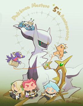 anniversary arceus character_doll closed_mouth colored_sclera commentary_request copyright_name cynthia_(arc_suit)_(pokemon) cynthia_(pokemon) doll dragonite garchomp gen_1_pokemon gen_3_pokemon gen_4_pokemon green_sclera highres lance_(arc_suit)_(pokemon) lance_(pokemon) legendary_pokemon metagross mizutani_megumi mythical_pokemon needle nintendo no_humans pink_eyes pokemon pokemon_(creature) pokemon_masters_ex sewing_needle sparkle steven_stone steven_stone_(arc_suit) thread twitter_username