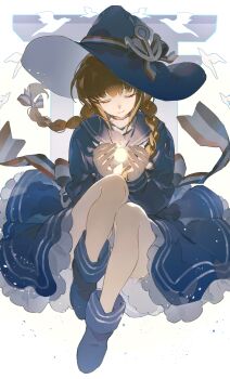 1girl anchor_hat_ornament bird blue_boots blue_dress blue_hat boots bow braid brown_hair closed_eyes closed_mouth dress facing_viewer frilled_dress frills full_body funamusea glowing hair_bow hands_up hat hat_bow hat_ornament highres knees_up long_hair long_sleeves multicolored_bow oounabara_to_wadanohara pointy_ears sailor_collar sailor_dress sitting smile solo twin_braids wadanohara witch witch_hat yitou_zai_jin_tuli