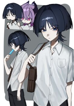 2boys alternate_costume arm_at_side bag black_hair black_horns black_pants blue_eyes blunt_ends border breast_pocket bright_pupils brown_bag closed_mouth collared_shirt contemporary crossed_bangs dragon_boy dragon_horns eyeliner eyeshadow food food_in_mouth genshin_impact hair_between_eyes hand_up hands_on_another&#039;s_shoulders holding holding_food holding_popsicle horns kurokun1025 looking_at_another looking_at_viewer looking_to_the_side makeup mini_durin_(genshin_impact) mini_durin_(human)_(genshin_impact) multicolored_hair multiple_boys pants parted_lips pocket popsicle purple_hair purple_horns red_eyeliner red_eyes red_eyeshadow sanpaku scaramouche_(genshin_impact) school_uniform shirt shoulder_bag smile streaked_hair sway_back two-sided_horns white_border white_pupils white_shirt