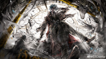 1boy abton_(user_djga8547) analog_clock backlighting bird black_pants black_vest blue_eyes blue_hair brown_coat brown_shoes camera caution_tape chinese_commentary clock closed_mouth coat commentary_request crossed_legs dress_shoes falling_feathers feathers from_below full_body gloves hand_up highres holding holding_camera jewelry klein_(welcome_to_dreamland) long_sleeves looking_at_viewer male_focus melting one_eye_covered open_clothes open_coat pants pendant pendant_watch plaid_clothes plaid_pants plaid_vest red_coat shirt shoe_soles shoes short_hair sitting smoke smoking smoking_pipe smoking_pipe_in_mouth solo trench_coat two-sided_coat two-sided_fabric vest watermark weibo_watermark welcome_to_dreamland white_gloves white_shirt