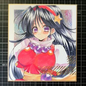 1girl 4trz asamiya_athena breasts hairband huge_breasts large_breasts long_hair looking_at_viewer pale_skin smile smiley_face star_(symbol) the_king_of_fighters