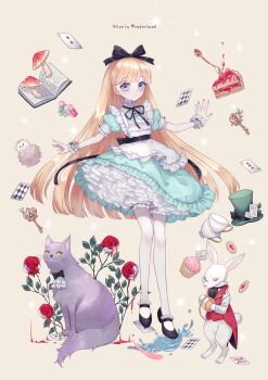 1girl :o absurdres akikawa_higurashi alice's_adventures_in_wonderland alice_(alice_in_wonderland) animal apron aqua_dress ascot back_bow black_bow black_ribbon black_shoes blonde_hair bloomers blue_eyes book bottle bow card cat cheshire_cat_(alice_in_wonderland) clothed_animal cookie copyright_name cup cupcake dress drink_me eat_me feathers floating_card flower food fork frilled_apron frilled_dress frilled_shirt_collar frills full_body hair_bow hat hedgehog highres holding holding_pocket_watch key liquid long_hair looking_at_viewer mary_janes monocle mushroom neck_ribbon open_book original outstretched_hand paint pale_skin petticoat pie pie_slice plant playing_card pocket_watch puffy_short_sleeves puffy_sleeves purple_cat rabbit ribbon rose shoes short_sleeves socks solo sparkle standing standing_on_liquid teacup thumbprint_cookie top_hat underwear unworn_hat unworn_headwear watch white_apron white_ascot white_bloomers white_flower white_rabbit_(alice_in_wonderland) white_rabbit_(animal) white_rose white_socks wispy_bangs wrist_cuffs yellow_background