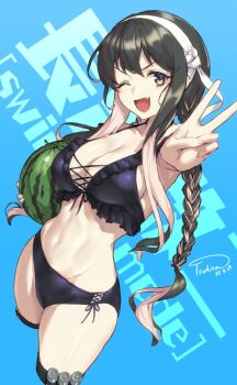 1girl bikini black_bikini black_hair blue_background braid breasts character_name cleavage cowboy_shot criss-cross_straps cropped_legs fang food frilled_bikini frills fruit hairband highres kantai_collection large_breasts multicolored_hair naganami_(kancolle) naganami_kai_ni_(kancolle) naganami_kai_ni_(swimsuit)_(kancolle) official_alternate_costume one_eye_closed pink_hair side-tie_bikini_bottom smile solo streaked_hair swimsuit text_background tsukira_(amayadori) twin_braids v watermelon white_hairband