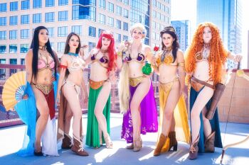 6+girls ariel_(disney) ariel_(disney)_(cosplay) artist_request beauty_and_the_beast_(disney) belle_(disney) belle_(disney)_(cosplay) black_hair blonde_hair bow_(weapon) brave_(disney) breasts brown_hair cosplay disney disney_princess elizabeth_rage fa_mulan_(disney) fa_mulan_(disney)_(cosplay) flower folding_fan hand_fan high_heels highres huttslayer_leia huttslayer_leia_(cosplay) long_hair looking_at_viewer merida_(brave) merida_(brave)_(cosplay) mulan_(movie) multiple_girls navel outdoors photo_(medium) pocahontas_(disney) pocahontas_(disney)_(cosplay) pocahontas_(movie) princess_leia princess_leia_(cosplay) quiver rapunzel_(disney) rapunzel_(disney)_(cosplay) real_life red_hair rose shadow smile standing star_wars tangled the_little_mermaid_(disney) weapon