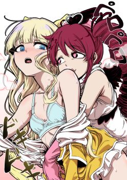 2girls absurdres ane_moire armpits blonde_hair blue_eyes blush bra breasts collarbone dress flat_chest frilled_dress frills hair_between_eyes hanabishi_haruka heart heart-shaped_pupils highres hug hug_from_behind licking long_hair magia_magenta magia_magenta_(la_verita) magia_sulfur mahou_shoujo_ni_akogarete multiple_girls nurse red_eyes red_hair ringlets simple_background sleeveless small_breasts symbol-shaped_pupils teeth tenkawa_kaoruko tongue underwear undressing upper_teeth_only white_dress yellow_dress yuri