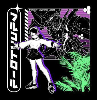 Rule 34 | 1990s (style), 1990s fashion, 1girl, black background, chain, choker, commentary, commission, english commentary, faux retro artstyle, fern, full body, glasses, headphones, hexagon, limited palette, long hair, mecha, mecha request, miniskirt, open hands, original, outstretched arms, pink eyes, retro artstyle, robot, round eyewear, shoes, skirt, sneakers, solo, spot color, spread arms, standing, sweater, system st91, translation request, twintails, vaporwave