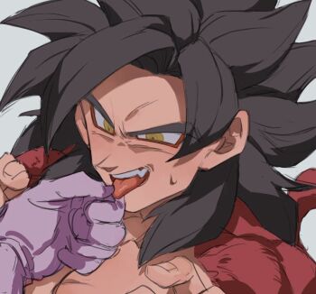 Rule 34 | 2boys, black hair, commentary, dragon ball, dragon ball gt, eyeliner, gloves, holding another's tongue, makeup, male focus, medium hair, monkey boy, monkey tail, multiple boys, muscular, muscular male, natume12izr, open mouth, purple gloves, red eyeliner, red fur, smile, solo focus, son goku, spiked hair, super saiyan, super saiyan 4, symbol-only commentary, tail, teeth, tongue, tongue out, upper body, vegeta, yellow eyes
