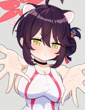 1girl absurdres ahoge animal_ears black_choker black_hair blue_archive blush breasts bright_pupils choker cleavage collarbone competition_swimsuit flower grey_background hair_between_eyes hair_bun hair_flower hair_ornament halo highres incoming_hug kaede_(blue_archive) large_breasts looking_at_viewer meisoochuu one-piece_swimsuit oppai_loli outstretched_arms reaching reaching_towards_viewer red_halo short_hair sideboob simple_background single_side_bun solo swimsuit upper_body white_one-piece_swimsuit yellow_eyes