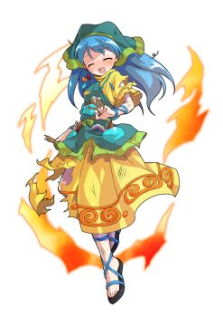 1girl alphes_(style) apron aqua_apron arm_ribbon between_fingers blue_hair blue_ribbon blush chisel commentary_request dairi dress fire full_body green_headscarf haniyasushin_keiki headscarf highres holding jewelry large_variant_set long_hair magatama magatama_necklace necklace parody pocket puffy_short_sleeves puffy_sleeves ribbon sandals short_sleeves solo style_parody tachi-e tools torn_clothes torn_dress touhou transparent_background variant_set wood_carving_tool yellow_dress