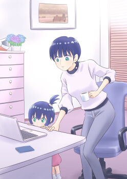 2girls amate_yuzuriha aqua_eyes black_hair book breasts chair closed_mouth computer cup desk gundam gundam_gquuuuuux hair_ornament high_side_ponytail holding holding_cup laptop long_sleeves masanorisue mature_female mother_and_daughter multiple_girls open_mouth pants shirt short_hair side_ponytail tamaki_yuzuriha