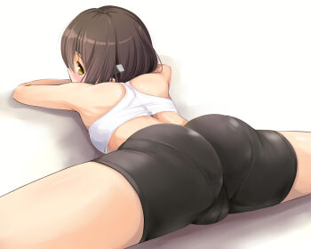 10s 1girl alternate_costume ass ass_focus bare_shoulders bike_shorts blush bra brown_eyes brown_hair cameltoe female_focus flexible ipuu_(el-ane_koubou) kantai_collection leggings legs loli panties pantylines short_hair simple_background sitting_split skin_tight solo split sports_bra spread_legs taihou_(kancolle) thighs trefoil underwear white_background