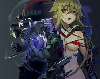 1boy 1girl armor ashikaga_chachamaru black_hair blonde_hair breasts commentary_request katana long_hair mecha medium_breasts minato_kageaki nihachidaime_kotetsu_nyuudou-koei ookuma_nekosuke orange_hair pointy_ears power_armor robot scarf soukou_akki_muramasa spoilers sword torn_clothes weapon