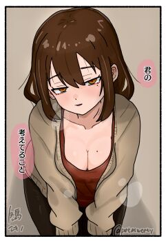 1girl artist_name black_thighhighs border breasts brown_background brown_cardigan brown_hair cardigan cleavage collarbone commentary_request fuyudori_yukino hair_between_eyes half-closed_eyes hands_on_own_knees head_tilt highres leaning_forward long_sleeves looking_at_viewer medium_breasts medium_hair mole mole_on_breast mole_under_eye open_cardigan open_clothes orange_eyes original parted_lips red_shirt shirt simple_background solo speech_bubble thighhighs