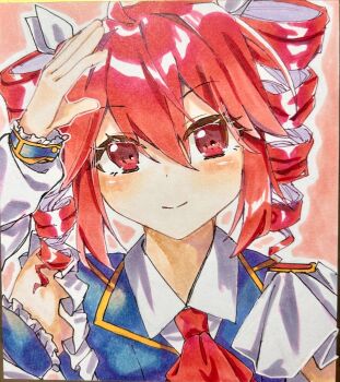 absurdres ascot closed_mouth commentary_request detached_sleeves drill_hair frilled_shirt frilled_sleeves frills hamano_yui hand_up highres idol kasane_teto long_sleeves looking_at_viewer portrait red_ascot red_eyes red_hair shikishi shirt sleeveless sleeveless_shirt smile traditional_media twin_drills utau