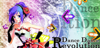 Rule 34 | 1girl, arrow (symbol), bemani, black gloves, blue eyes, breasts, closed mouth, commentary request, copyright name, dance dance revolution, flower, frilled shirt, frills, gloves, hair flower, hair ornament, looking at viewer, medium breasts, purple hair, rainbow background, red flower, red skirt, shirt, short hair, skirt, smile, solo, strapless, strapless shirt, toshiba emi, tu2ki, upper body, white shirt