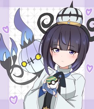 1girl absurdres black_dress blue_gloves blunt_bangs blush bob_cut chandelure coat dress eyelashes gen_5_pokemon gloves gwynn_(pokemon) hat heart highres holding holding_poke_ball long_sleeves looking_at_viewer matcha_moti_(matcha_427) nest_ball nintendo partially_fingerless_gloves poke_ball pokemon pokemon_(creature) pokemon_legends:_z-a purple_eyes revision short_hair upper_body white_coat