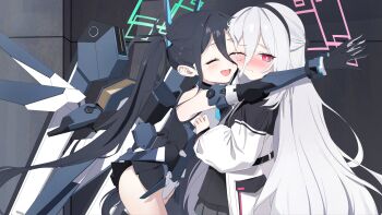 2girls absurdres aqua_halo aris_(armed)_(blue_archive) aris_(blue_archive) black_gloves black_hair black_hairband blue_archive blue_necktie blush closed_eyes d_(delt4) double-parted_bangs gloves hair_between_eyes hairband halo headgear highres hug imminent_hug jacket kei_(blue_archive) kei_(new_body)_(blue_archive) leotard long_hair long_hair_between_eyes mecha_musume mechanical_wings multicolored_jacket multicolored_leotard multiple_girls necktie official_alternate_costume one_eye_closed open_mouth pink_eyes pink_halo railgun rectangular_halo ringed_eyes short_necktie showgirl_skirt smile thrusters turning_head twintails two-tone_jacket white_hair white_jacket white_leotard wings