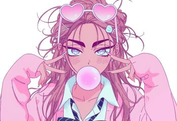 alien_stage alternate_costume blowing_bubble_gum blue_bow blue_bowtie blue_eyes blush bow bowtie brown_hair chewing_gum collar collared_shirt dark-skinned_female dark_skin double_v earrings fingernails gyaru hair_ornament half_updo heart heart-shaped_eyewear hyuna_(alien_stage) jewelry long_fingernails lubya messy_hair multicolored_nails pink_sweater school_uniform shirt simple_background sweater thick_eyebrows v white_background white_collar