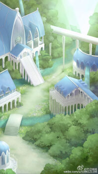 artist_request bridge building chinese_commentary commentary_request day forest highres miracle_nikki nature nikki_(series) no_humans official_art outdoors path pillar road scenery second-party_source stairs stream sunlight tree water waterfall watermark weibo_watermark