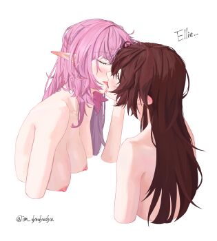 2girls absurdres artist_name blush breasts brown_hair character_name closed_eyes collarbone commentary cropped_torso dated_commentary dyadyadya ear_blush eden_(honkai_impact) elysia_(honkai_impact) french_kiss hair_between_eyes highres honkai_(series) honkai_impact_3rd kiss large_breasts long_hair multiple_girls nipples nude pink_hair pointy_ears simple_background tongue tongue_out twitter_username upper_body white_background yuri