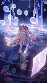 1girl absurdres balloon brooch commentary_request cyrene_(aedes_elysiae)_(honkai:_star_rail) cyrene_(honkai:_star_rail) cyrene_(ripples_of_past_reverie)_(honkai:_star_rail) dress flower hair_flower hair_ornament heart heart_brooch high_heels highres honkai:_star_rail honkai_(series) jewelry knees_up long_hair pink_hair pointy_ears purple_eyes puzzle puzzle_piece reflective_floor sitting smile solo very_long_hair white_dress wira