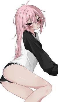 1girl absurdres akarinnndesu ass bare_legs black_shorts black_sleeves commentary dolphin_shorts from_side highres long_hair long_sleeves looking_at_viewer messy_hair mumble_(shachimu) original pink_eyes pink_hair shirt shorts simple_background solo sweater turtleneck turtleneck_sweater two-tone_shirt untranslatable_commentary white_background white_shirt