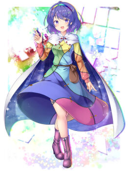 1girl aka_tawashi blue_eyes cape dress hairband highres multicolored_dress multicolored_hairband patchwork_clothes pointing pointing_up rainbow rainbow_gradient red_button sky_print solo tenkyuu_chimata touhou two-sided_cape two-sided_fabric unconnected_marketeers white_cape