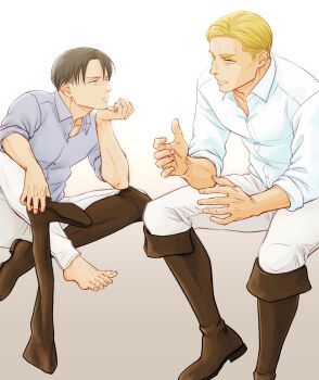 Rule 34 | barefoot, blonde hair, blue eyes, boots, brown boots, brown hair, closed mouth, collarbone, collared shirt, commentary request, elbow on knee, erwin smith, feet, grey shirt, head rest, highres, holding, holding unworn clothes, ikichi8tkjn, invisible chair, levi (shingeki no kyojin), looking at another, male focus, open collar, parted lips, shingeki no kyojin, shirt, short hair, single bare foot, sitting, sleeves rolled up, toes, white shirt