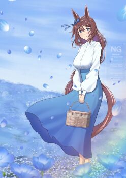 Rule 34 | 1girl, animal ears, basket, blue bow, blue dress, blue eyes, blue flower, blue sky, bow, brown hair, closed mouth, dress, flower, hair bow, highres, holding, holding basket, horse ears, horse girl, long hair, looking at viewer, oekakikamui, outdoors, ponytail, shirt, sky, smile, solo, super creek (umamusume), umamusume, very long hair, white shirt