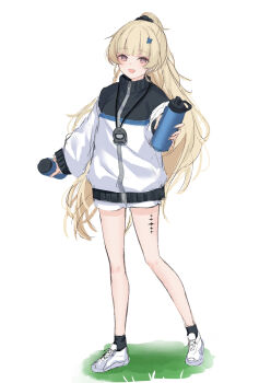 Rule 34 | 1girl, alternate costume, alternate hairstyle, blonde hair, bottle, commentary request, full body, hair ornament, highres, holding, holding bottle, incoming gift, jersey, kuramoto beta-carotene, long hair, long sleeves, looking at viewer, open mouth, pendant watch, phoebe (wuthering waves), ponytail, shoes, shorts, simple background, smile, solo, tacet mark (wuthering waves), very long hair, water bottle, white background, white jersey, white shoes, white shorts, wuthering waves, x hair ornament