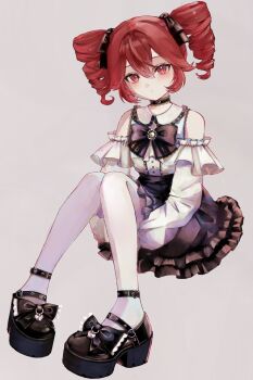 1girl black_choker black_ribbon black_shoes black_skirt black_trim block_heels blush bow bowtie choker closed_mouth collared_shirt commentary_request detached_sleeves dot_mouth dot_nose frilled_choker frilled_skirt frilled_sleeves frills hair_between_eyes hair_ribbon head_tilt highres kasane_teto knees_up long_hair_between_eyes looking_at_viewer own_hands_clasped own_hands_together platform_heels platform_shoes red_eyes red_hair ribbon ribbon-trimmed_sleeves ribbon_trim ruki_art shirt shoes short_hair simple_background sitting skirt sleeveless sleeveless_shirt solo thighhighs two-tone_choker utau white_background white_choker white_shirt white_sleeves white_thighhighs