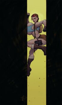 1girl absurdres alternate_breast_size arm_support ass braid braided_ponytail breasts brown_hair curvy devilhs full_body highres huge_ass huge_breasts lara_croft lips long_hair looking_to_the_side messy_hair parted_lips shiny_skin shirt short_shorts shorts simple_background standing stuck sweat thighs tomb_raider very_long_hair wide_hips