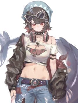 Rule 34 | 1girl, alternate costume, beanie, black hair, black jacket, black tube top, blue hat, blue pants, blush, breasts, cleavage cutout, closed mouth, clothing cutout, collar, collarbone, colored inner hair, cowboy shot, crop top, ellen joe, eyewear on head, fins, fish tail, fuyu yafunu, hat, headphones, headphones around neck, jacket, jacket partially removed, large breasts, looking at viewer, midriff, mole, mole under eye, multicolored hair, navel, pants, razor blade hair ornament, red eyes, red nails, shark girl, shark tail, shirt, short hair, simple background, single bare shoulder, solo, spiked collar, spikes, strapless, sunglasses, tail, torn clothes, torn tube top, tube top, white-framed eyewear, white background, white shirt, zenless zone zero