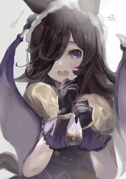 1girl absurdres animal_ears bat_wings black_gloves blush brown_hair commentary english_commentary flipped_hair frilled_hairband frills gloves hair_over_one_eye hairband halloween halloween_costume highres horse_ears horse_girl horse_tail long_hair looking_at_viewer official_alternate_costume open_mouth puffy_short_sleeves puffy_sleeves purple_eyes purple_wings rice_shower_(make_up_vampire!)_(umamusume) rice_shower_(umamusume) shirt short_sleeves simple_background solo tail takinii umamusume upper_body white_background wings