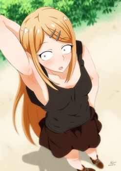 10s 1girl arm_behind_head arm_up armpits artist_name bad_id bad_pixiv_id black_shirt blue_bra blurry bra breasts brown_eyes brown_hair brown_shoes brown_skirt bush constricted_pupils dagashi_kashi dated day depth_of_field endou_saya fang female_focus from_above hair_ornament hairclip hand_on_own_hip highres k.ty_(amejin) legs open_mouth path road shirt shoes signature skirt small_breasts solo standing tank_top underwear