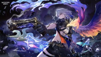 1girl absurdres aiming asymmetrical_wings back back_tattoo black_gloves black_jacket black_shorts black_wings blue_hair chimera_(wuthering_waves) colored_inner_hair commentary cropped_jacket earrings english_commentary feathered_wings galbrena_(wuthering_waves) gloves grey_hair gun highres holding holding_gun holding_weapon jacket jewelry logo looking_at_viewer looking_back medium_hair mismatched_wings multicolored_hair official_art purple_eyes rain short_shorts shorts smoke smoking_barrel solo tacet_discord_(wuthering_waves) tacet_mark_(wuthering_waves) tattoo thigh_strap weapon wet wings wuthering_waves